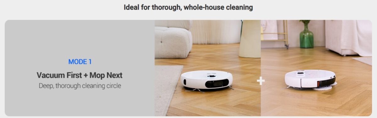 Ezviz Robot vacuum cleaner moving across a hardwood floor while cleaning