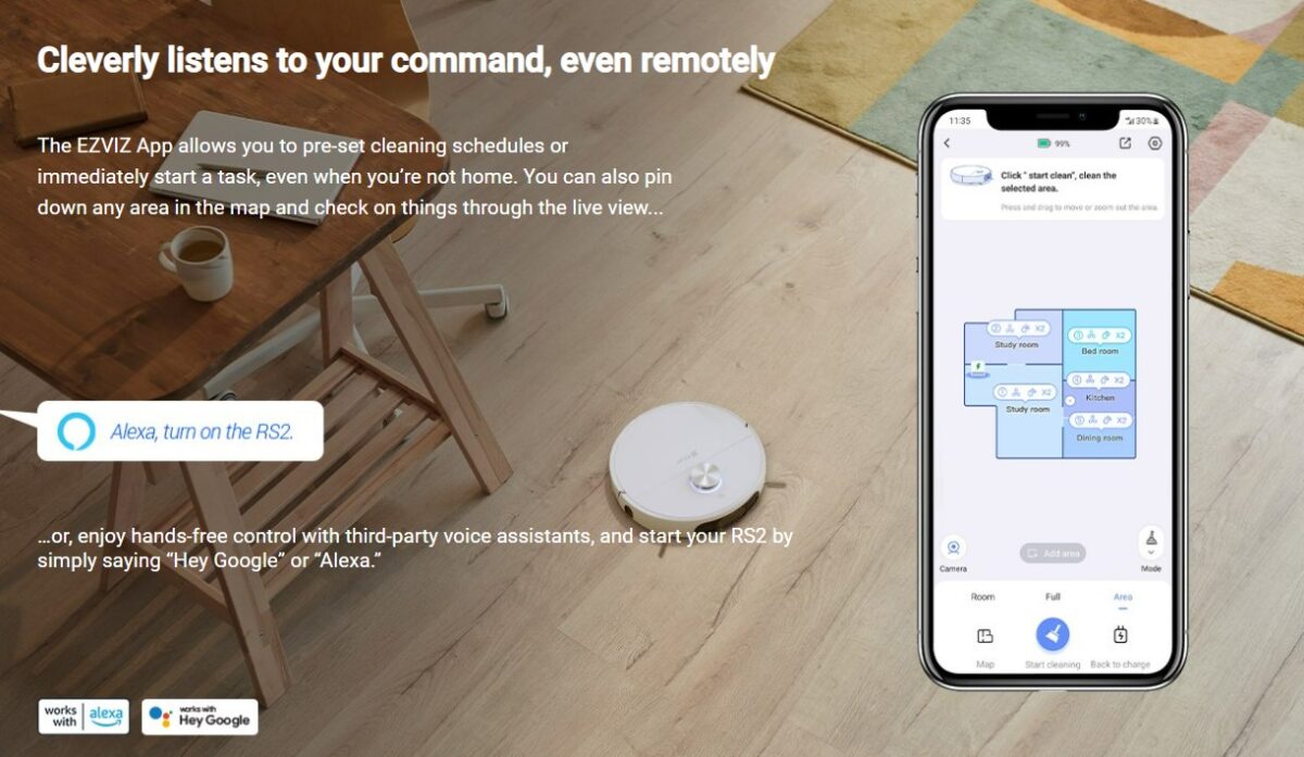Ezviz Robot vacuum cleaner moving across a hardwood floor while cleaning