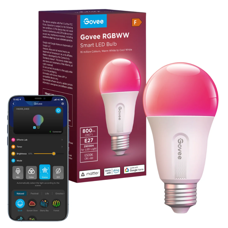 Govee RGBWW smart LED light bulb with E27 screw fitting